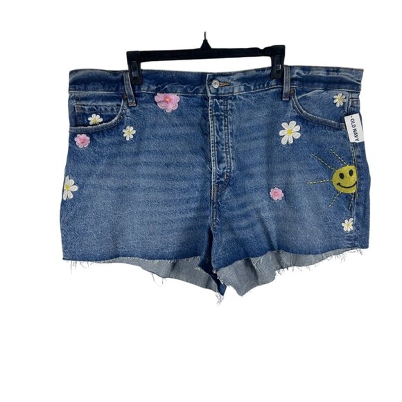 Old Navy Sky-Hi A-Line Denim Shorts Women's Size‎ 22 Floral Embroidery NEW - Picture 1 of 13